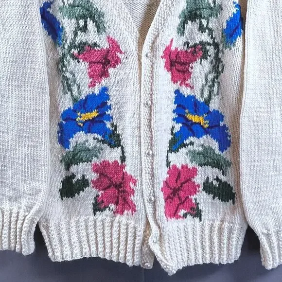 Vintage Cottagecore Hand Knit Crochet Granny Sweater Flower Pearl Buttons L XL - Picture 3 of 16
